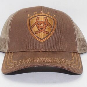 Ariat Mens Brown Mesh Back Trucker Hat Embroidered‎ Shield Logo Adjustable Cap
